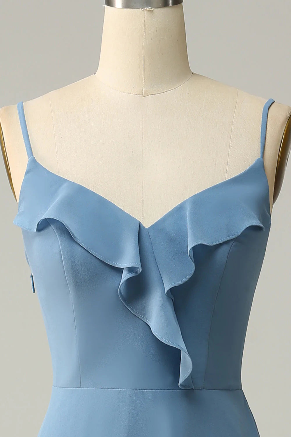 Dusty Blue Chiffon A-Line Floor-Length Dress with Ruffled V-neckline