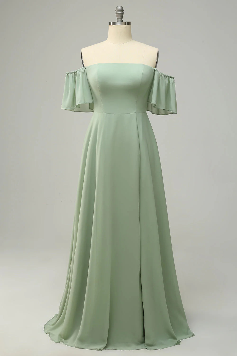 Sage Green Off-the-Shoulder A-Line Chiffon Floor-Length Dress with Side Slit