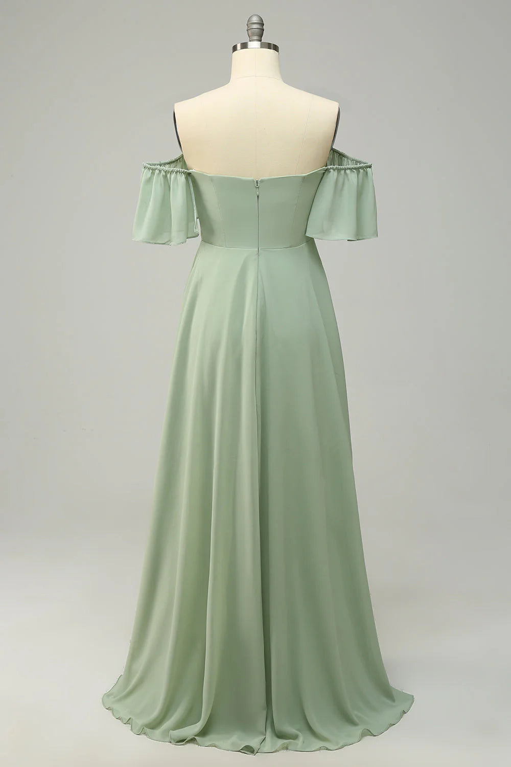 Sage Green Off-the-Shoulder A-Line Chiffon Floor-Length Dress with Side Slit