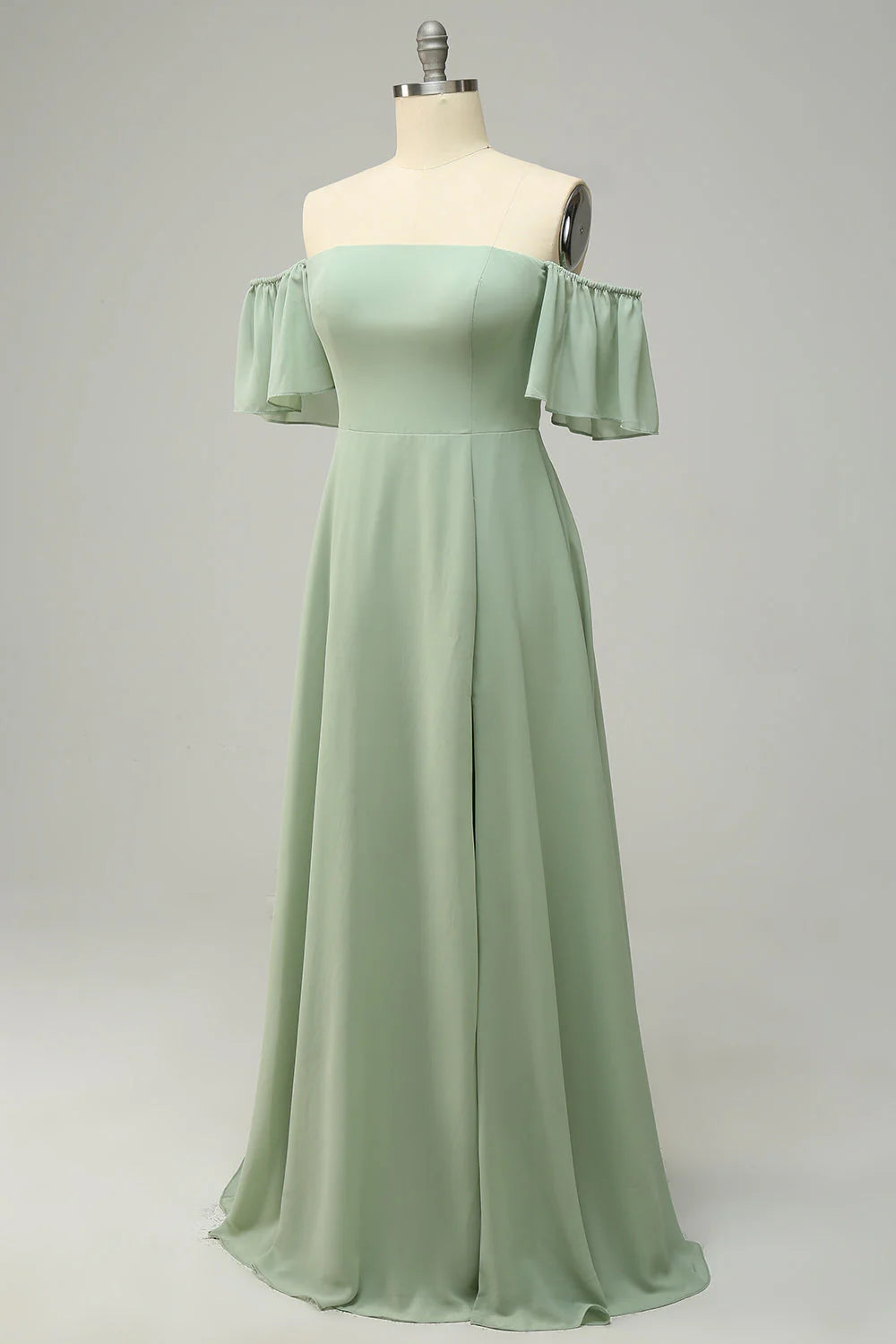Sage Green Off-the-Shoulder A-Line Chiffon Floor-Length Dress with Side Slit