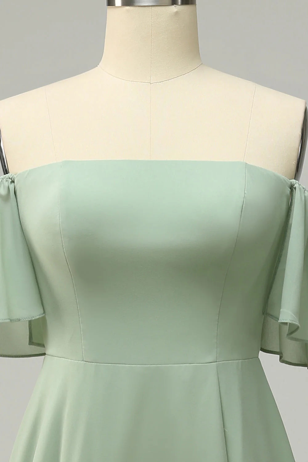 Sage Green Off-the-Shoulder A-Line Chiffon Floor-Length Dress with Side Slit