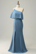 Dusty Blue Chiffon Mermaid One Shoulder Floor-Length Bridesmaid Dress