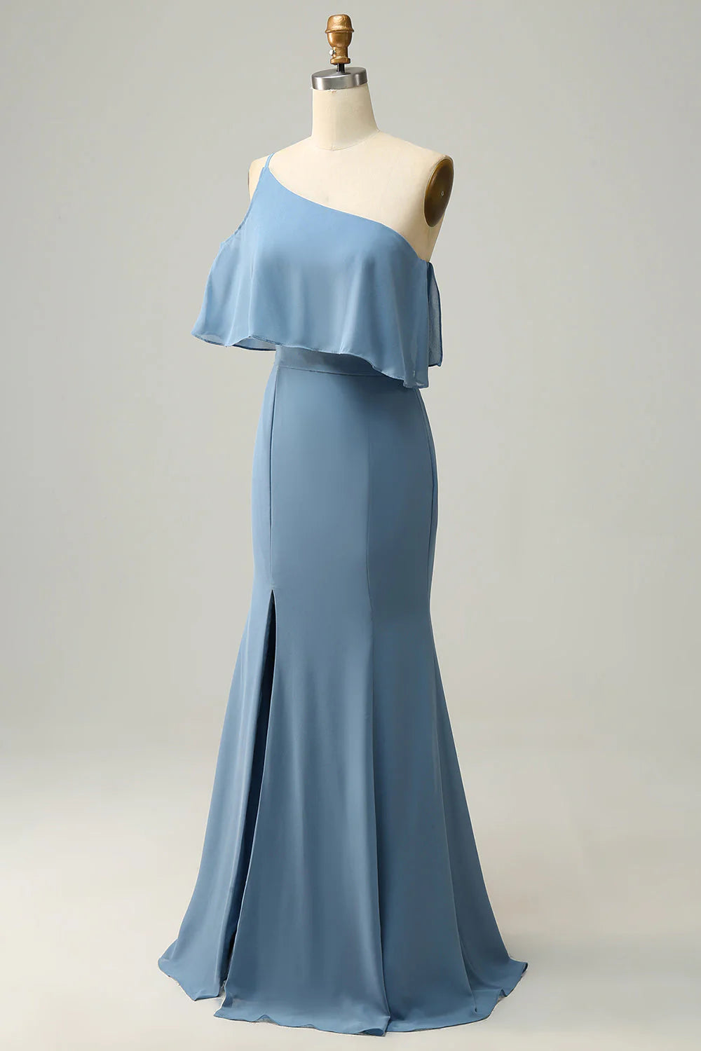 Dusty Blue Chiffon Mermaid One Shoulder Floor-Length Bridesmaid Dress
