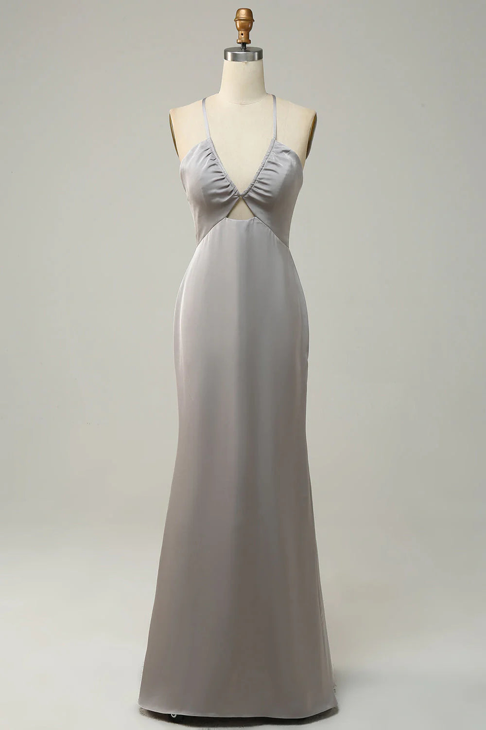 Silver Satin Sheath/column Halter Neck Floor-Length Bridesmaid Dress with Cut-Outs
