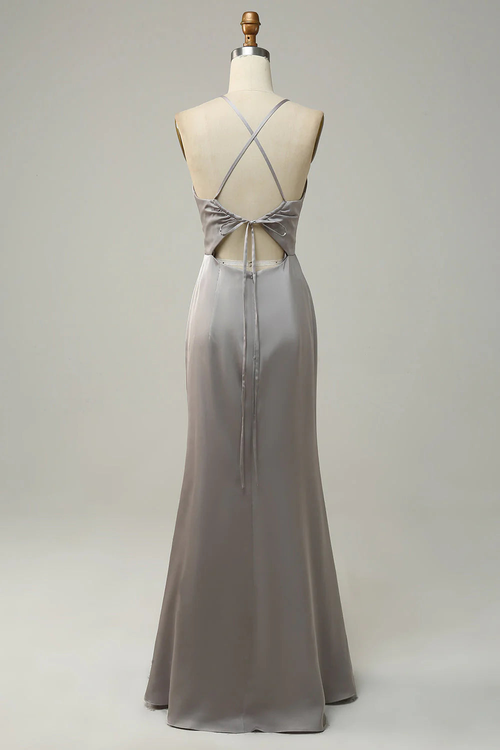 Silver Satin Sheath/column Halter Neck Floor-Length Bridesmaid Dress with Cut-Outs