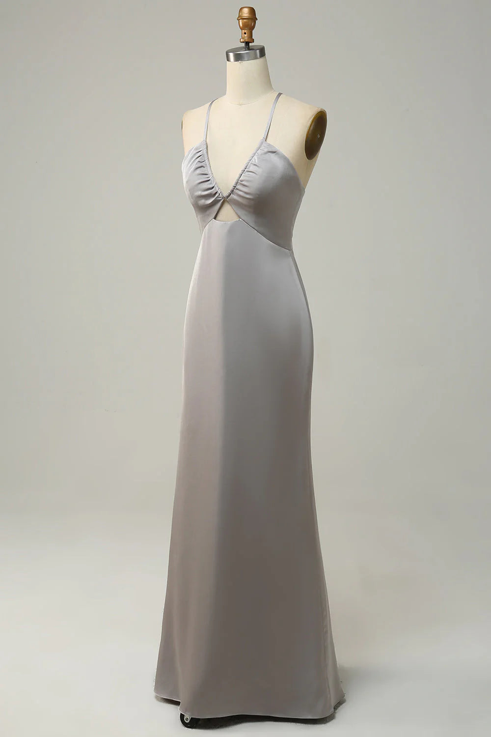 Silver Satin Sheath/column Halter neckline Floor-Length Dress with Gathered bust + Front cutout and Backless