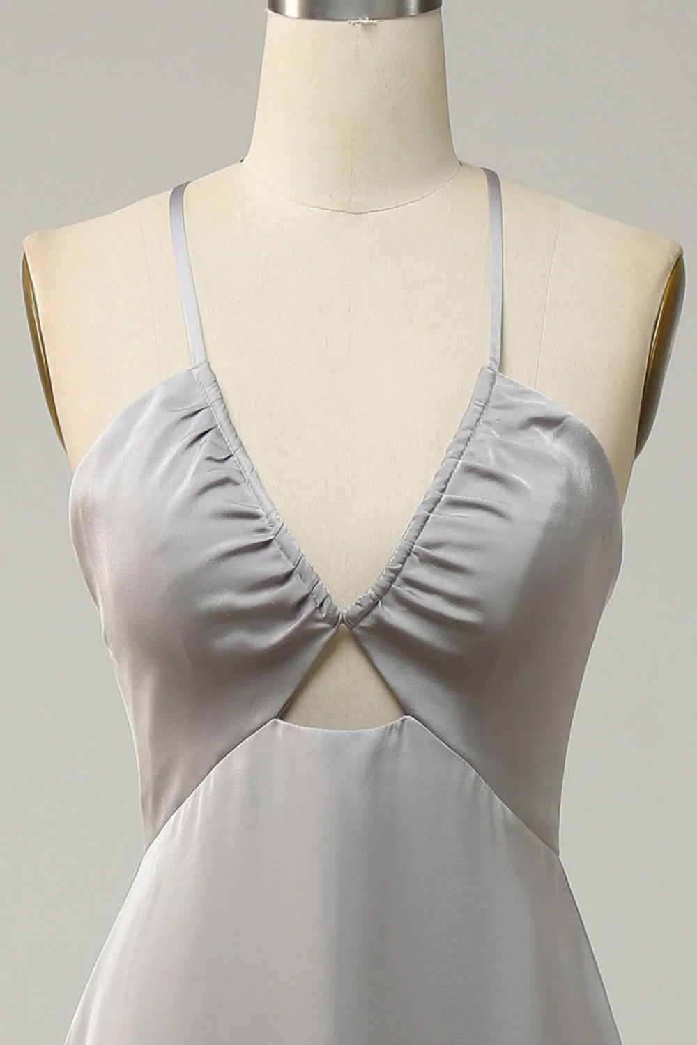 Silver Satin Sheath/column Halter neckline Floor-Length Dress with Gathered bust + Front cutout and Backless
