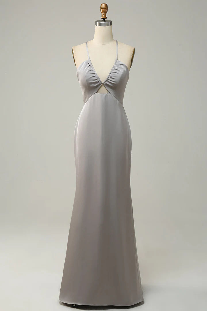 Silver Satin Sheath/column Halter neckline Floor-Length Dress with Gathered bust + Front cutout and Backless