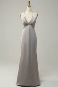 Silver Satin Sheath/column Halter neckline Floor-Length Dress with Gathered bust + Front cutout and Backless