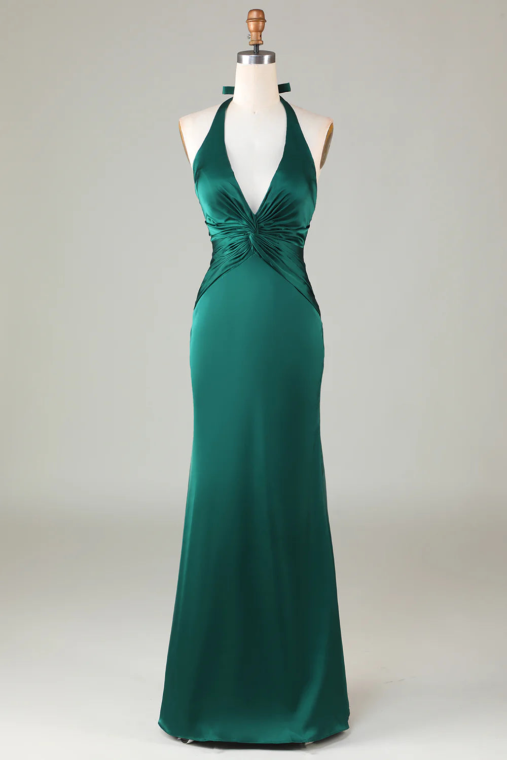 Elegant Mermaid Hanging Neck Sleeveless Deep Green Back Zip Floor-Length Satin Bridesmaid Dress