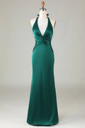 Emerald Satin Sheath/column Floor-Length Halter neckline