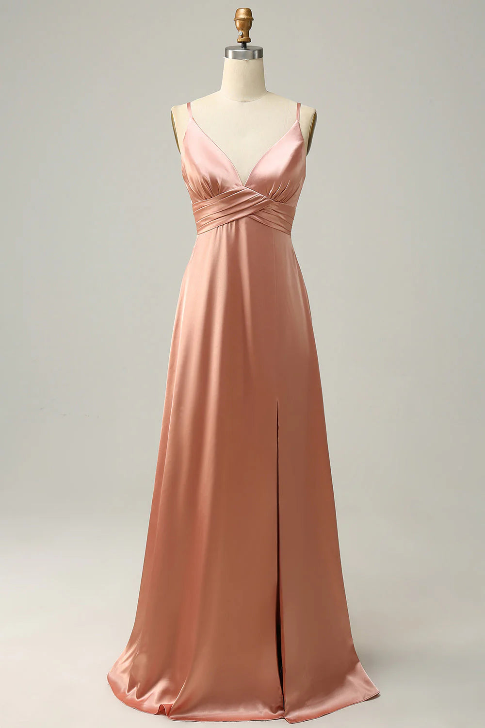 Blushing Pink Satin A-Line Floor-Length V-Neck Bridesmaid Dress with High Slit