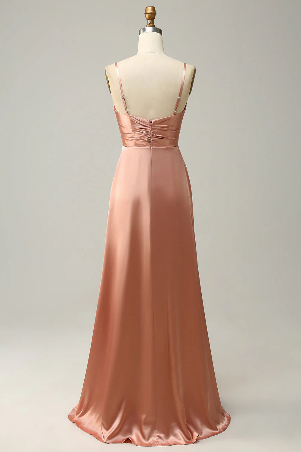 Blushing Pink Satin A-Line Floor-Length V-Neck Bridesmaid Dress with High Slit