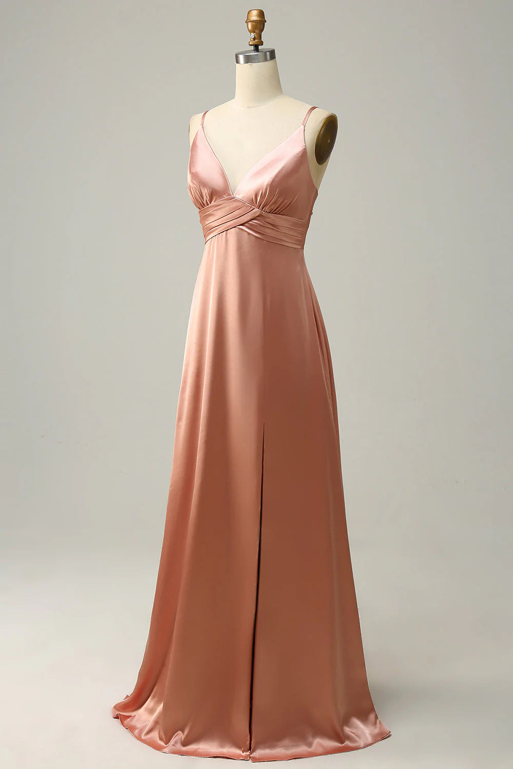 Blushing Pink Satin A-Line Floor-Length V-Neck Bridesmaid Dress with High Slit