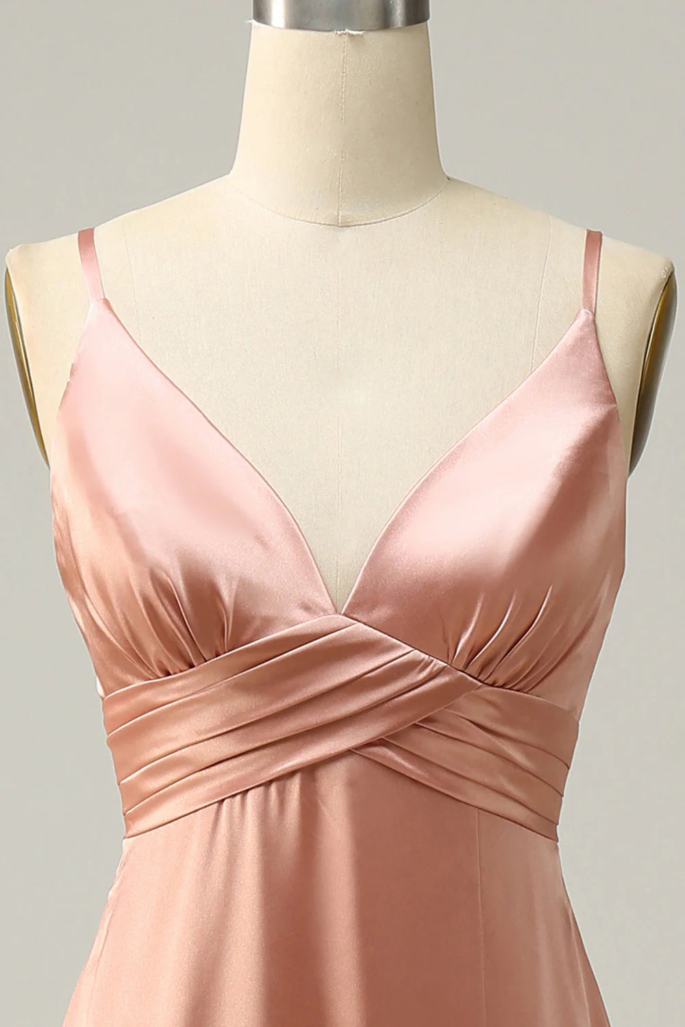 Blushing Pink Satin A-Line Floor-Length V-Neck Bridesmaid Dress with High Slit