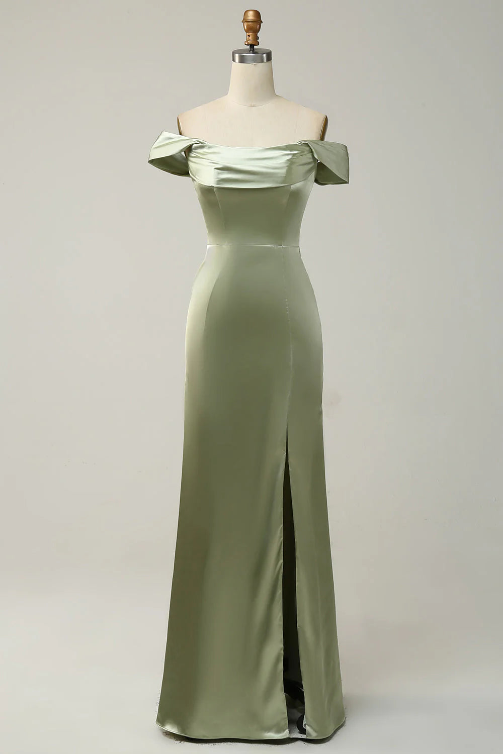 Sage Green Satin Sheath/column Floor-Length Bridesmaid Dress with Cowl Neck and High Slit