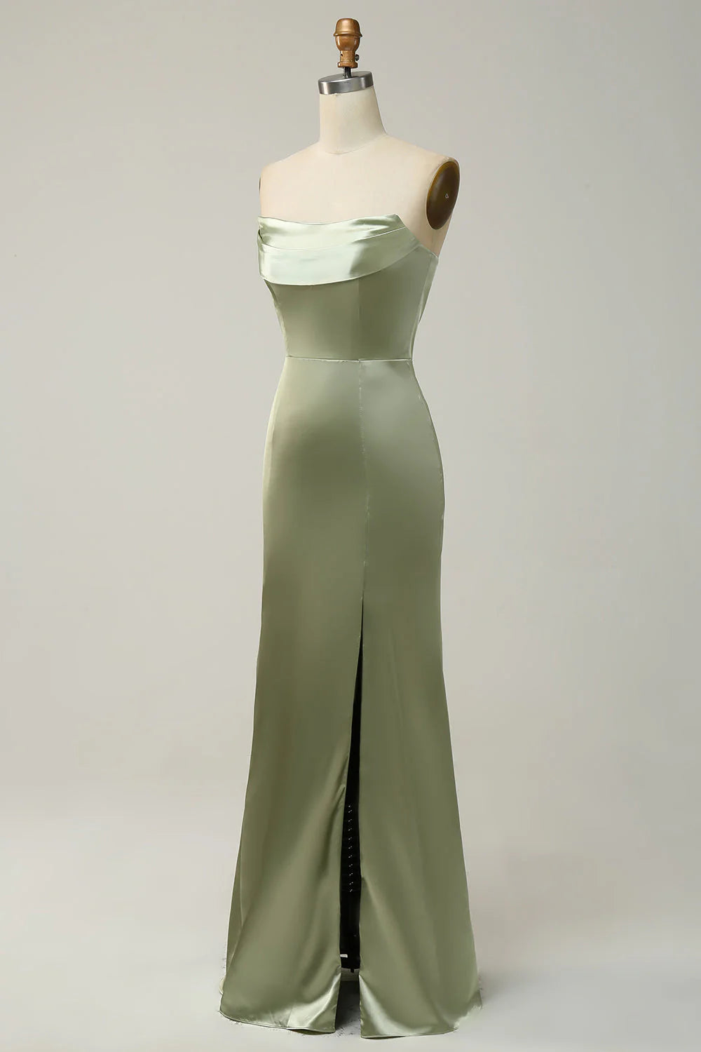 Sage Green Satin Sheath/column Floor-Length Bridesmaid Dress with Cowl Neck and High Slit