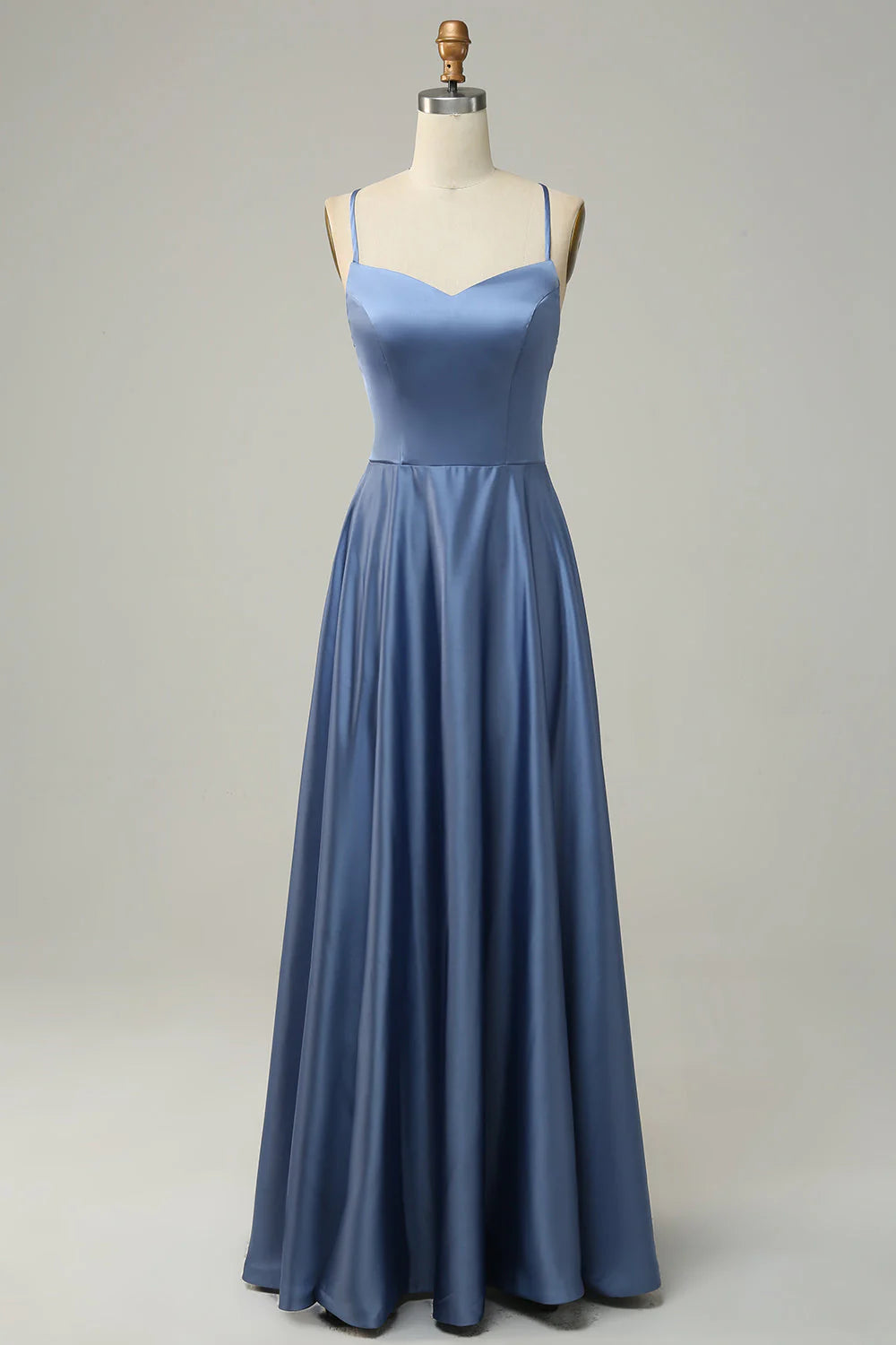 Dusty Blue Satin A-Line Floor-Length Sweetheart Bridesmaid Dress with Spaghetti Straps