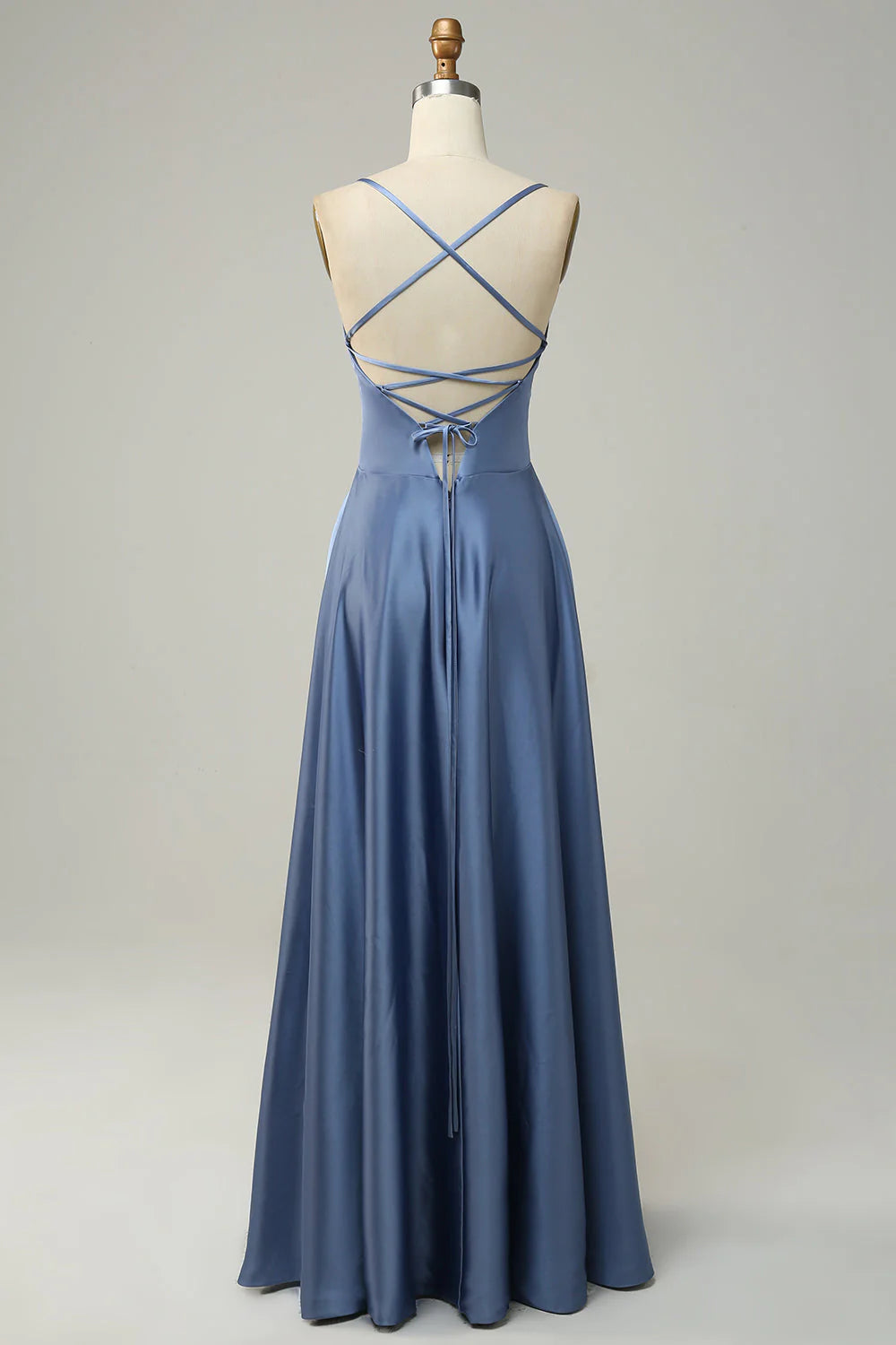 Dusty Blue Satin A-Line Floor-Length Sweetheart Bridesmaid Dress with Spaghetti Straps