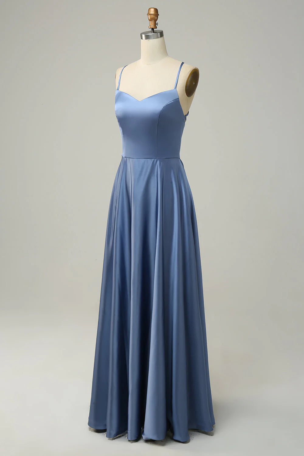Dusty Blue Satin A-Line Floor-Length Sweetheart Bridesmaid Dress with Spaghetti Straps