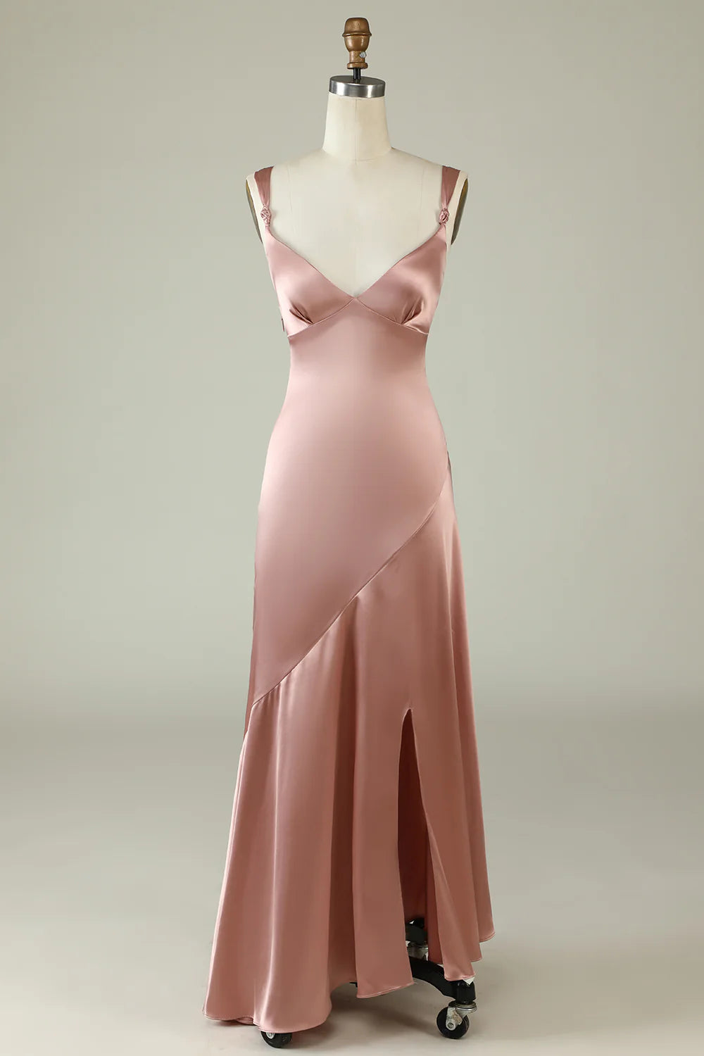 Blushing Pink Satin V-Neck Sheath/column Bridesmaid Dress with High Slit