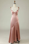 Blushing Pink Satin V-Neck Bridesmaid Dress