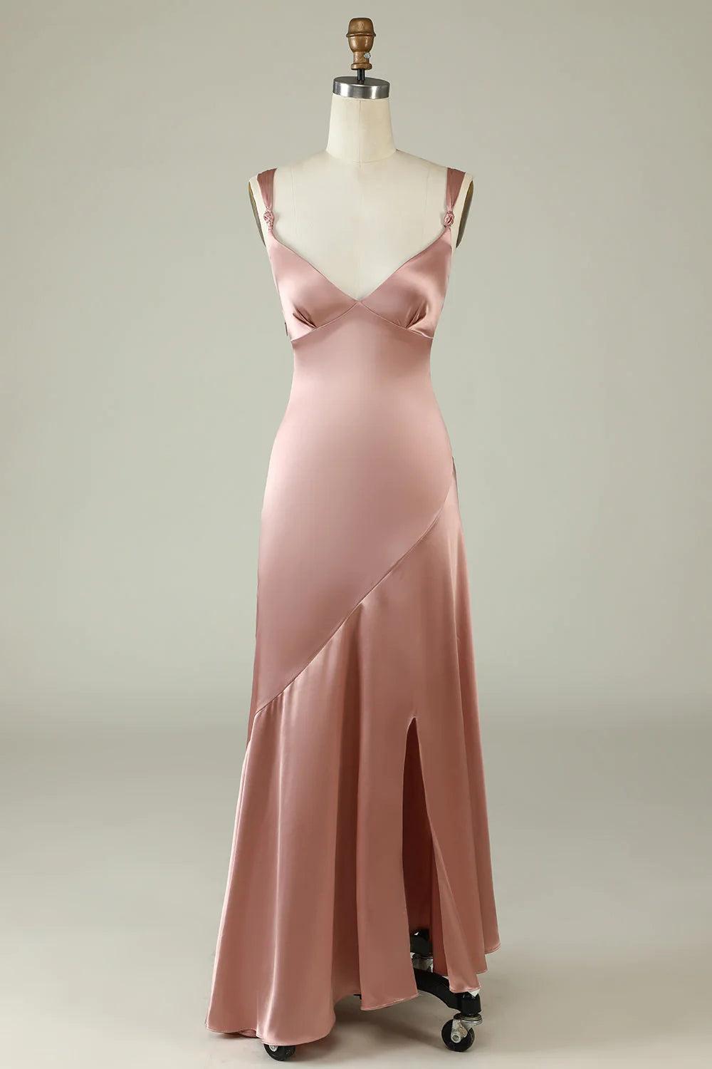 Blushing Pink Satin V-Neck Bridesmaid Dress
