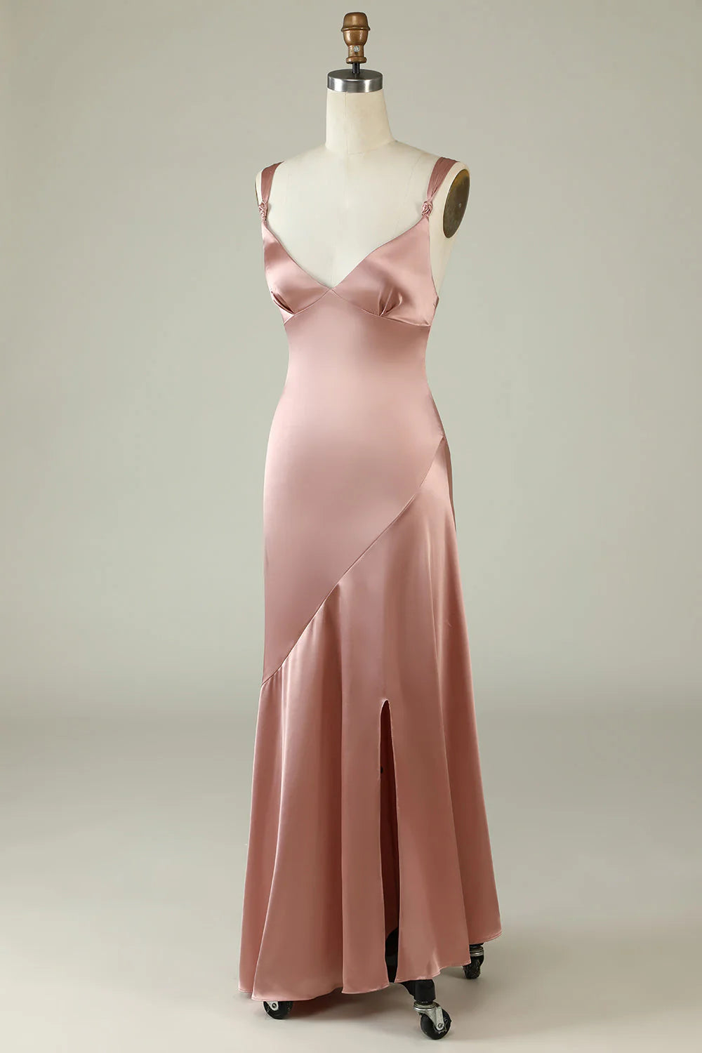 Blushing Pink Satin V-Neck Bridesmaid Dress