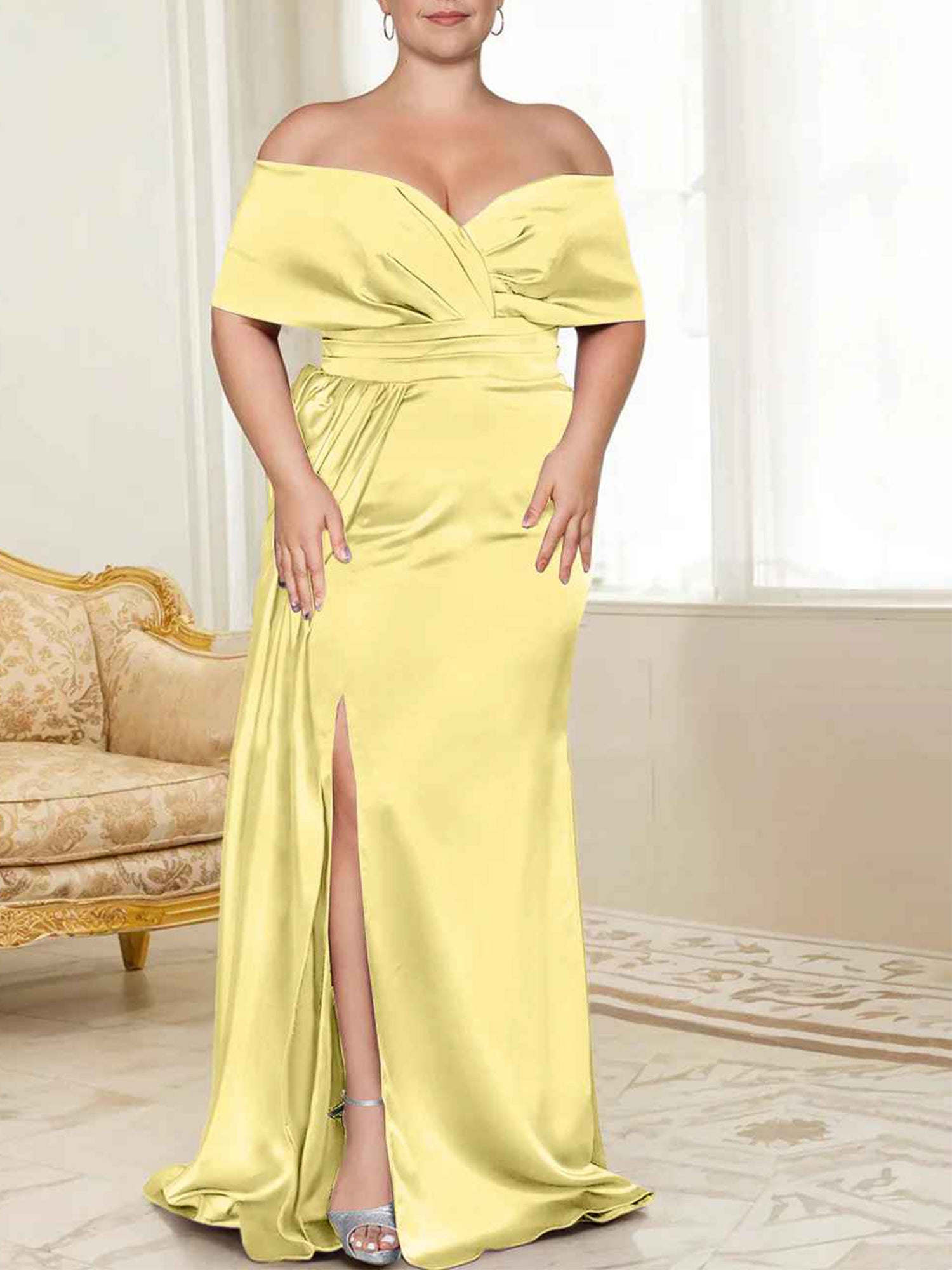 Draped Bodice Blushing Pink Satin Off-the-Shoulder Sheath/column Floor-Length Bridesmaid Dress