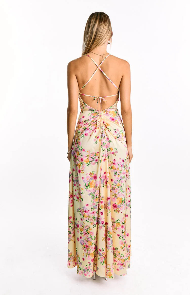 Yellow Floral Cowl Neck Open Back Maxi Dress