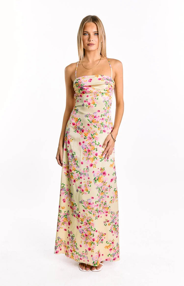 Yellow Floral Cowl Neck Open Back Maxi Dress