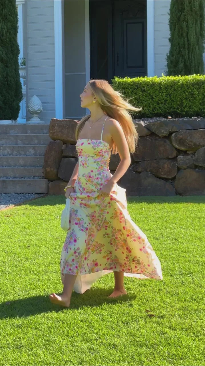 Yellow Floral Cowl Neck Open Back Maxi Dress