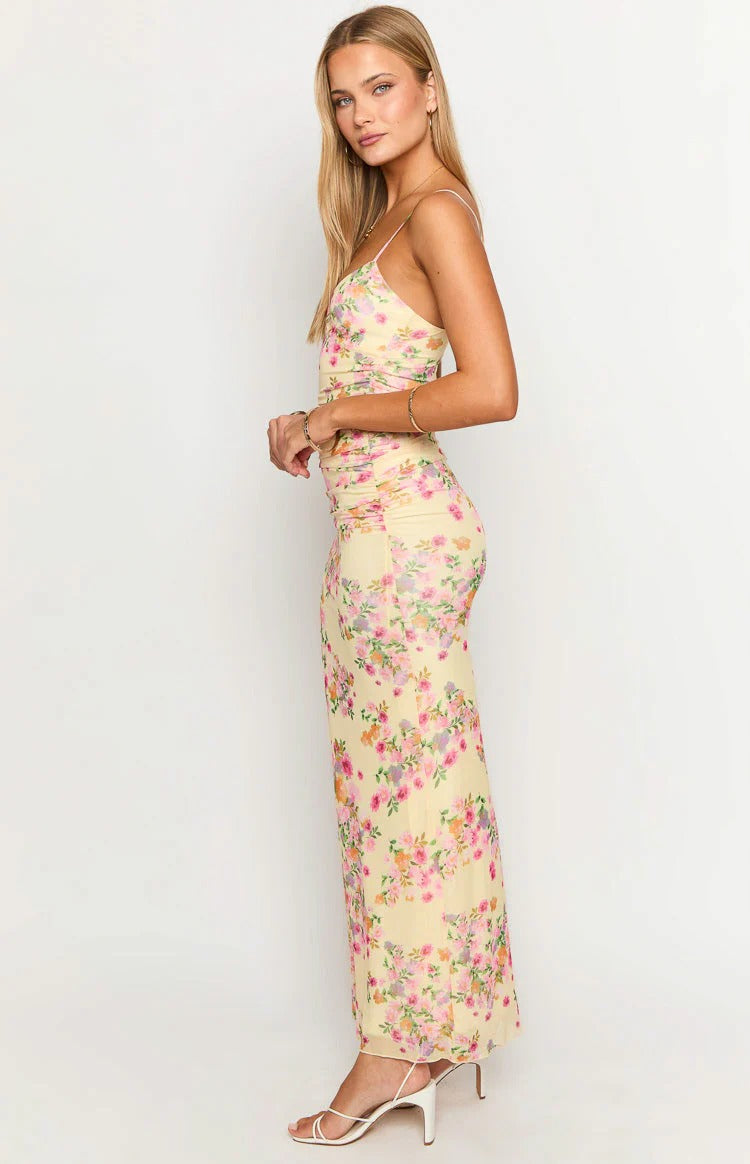Yellow Floral Mesh Ruched Open Back Maxi Dress