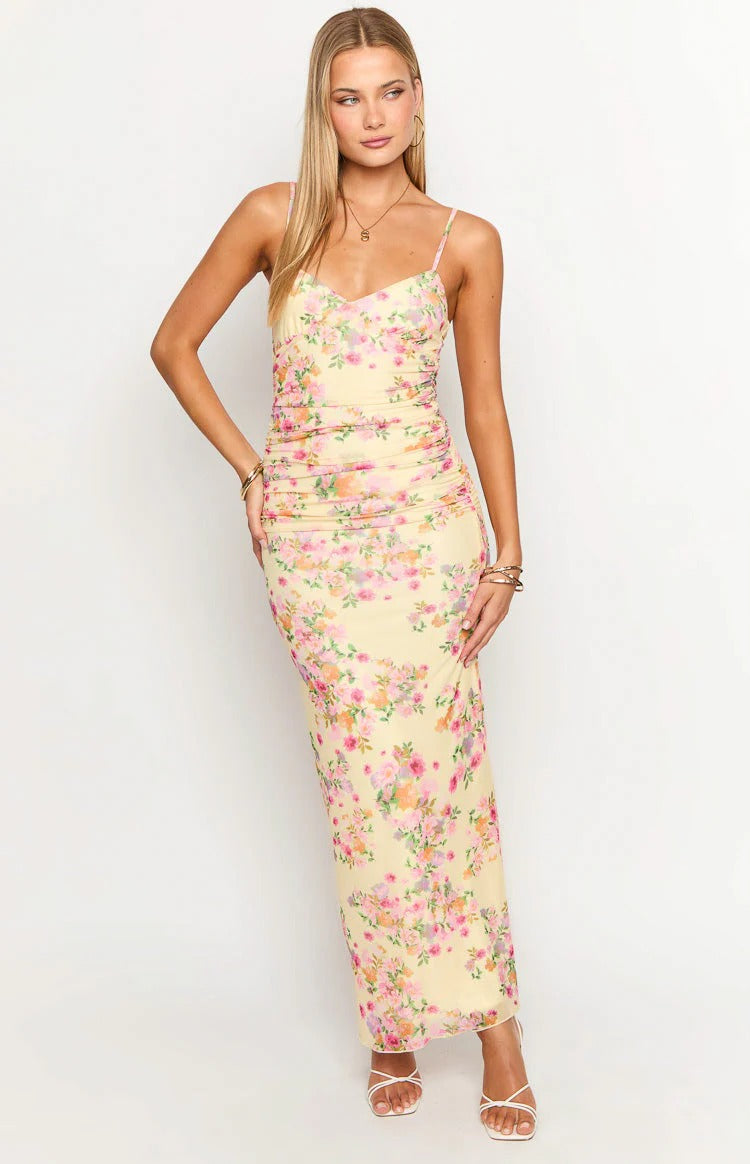 Yellow Floral Mesh Ruched Open Back Maxi Dress