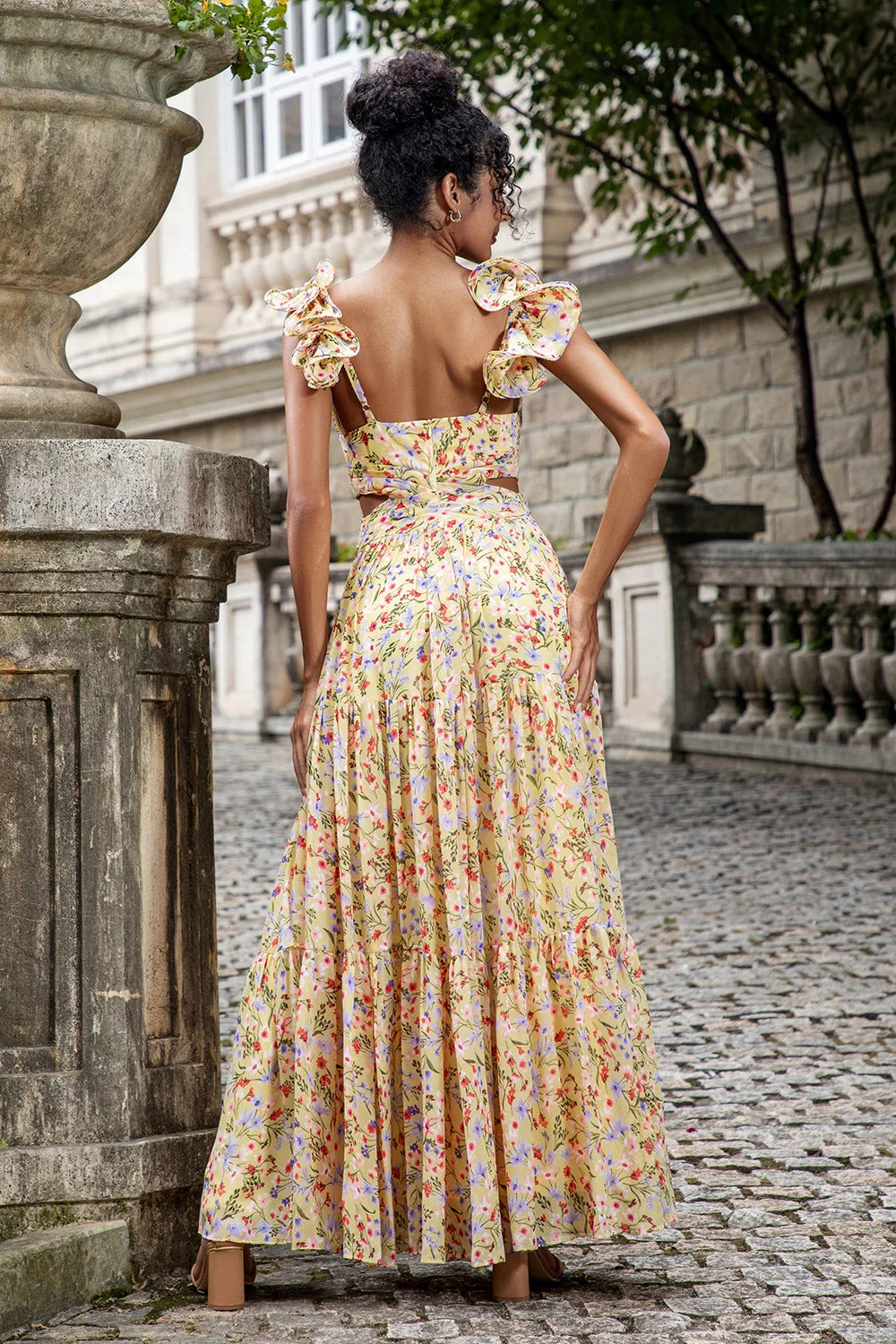 Yellow Floral Ruffled Maxi Dress with Thigh-High Slit