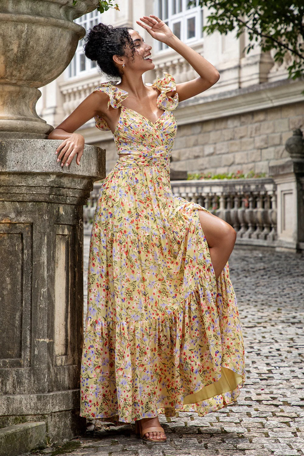 Yellow Floral Ruffled Maxi Dress with Thigh-High Slit