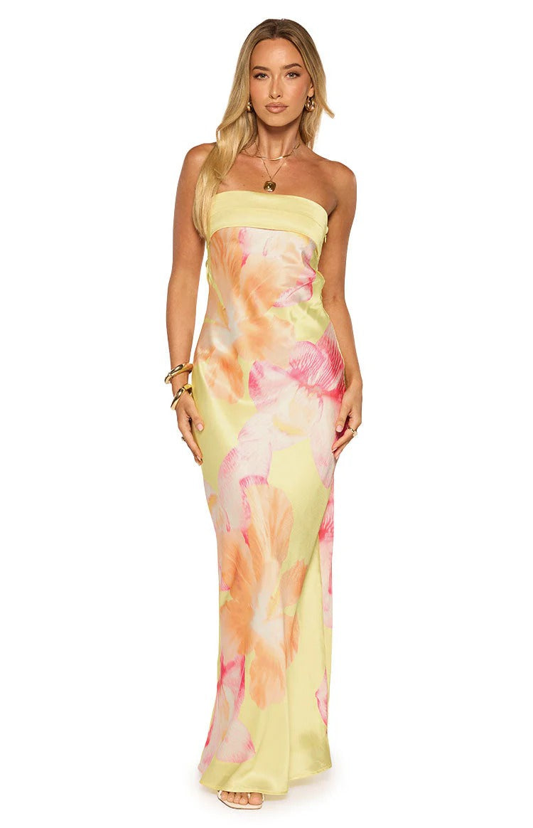 Yellow Floral Satin Strapless Open Back Maxi Dress