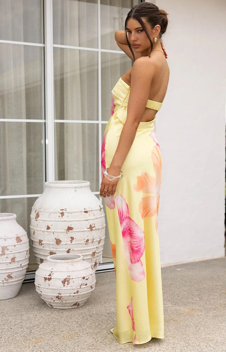 Yellow Floral Satin Strapless Open Back Maxi Dress