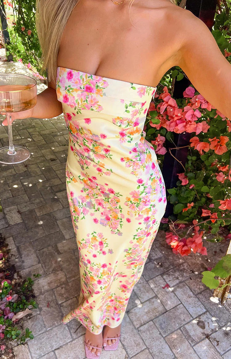 Yellow Floral Satin Strapless Open Back Maxi Gown