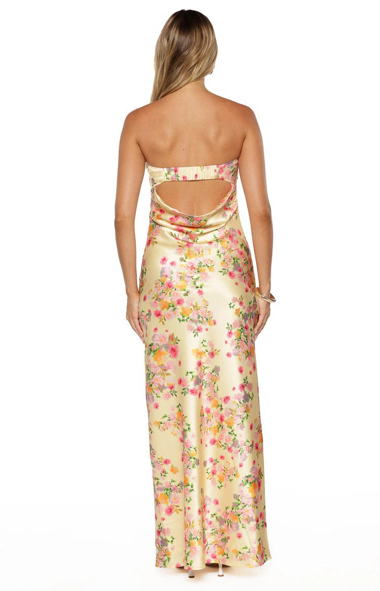 Yellow Floral Satin Strapless Open Back Maxi Gown