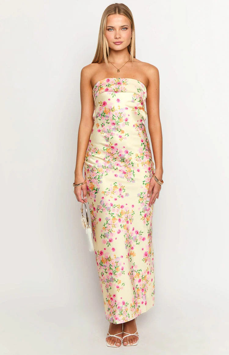 Yellow Floral Satin Strapless Open Back Maxi Gown