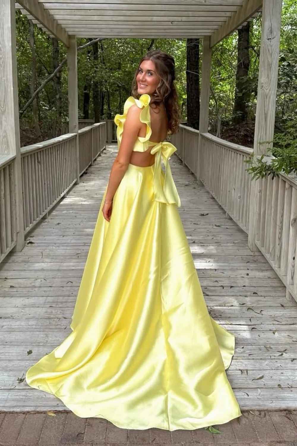 Yellow Satin Ruffle Prom Dresses Backless Bow Train Formal Evening Gown