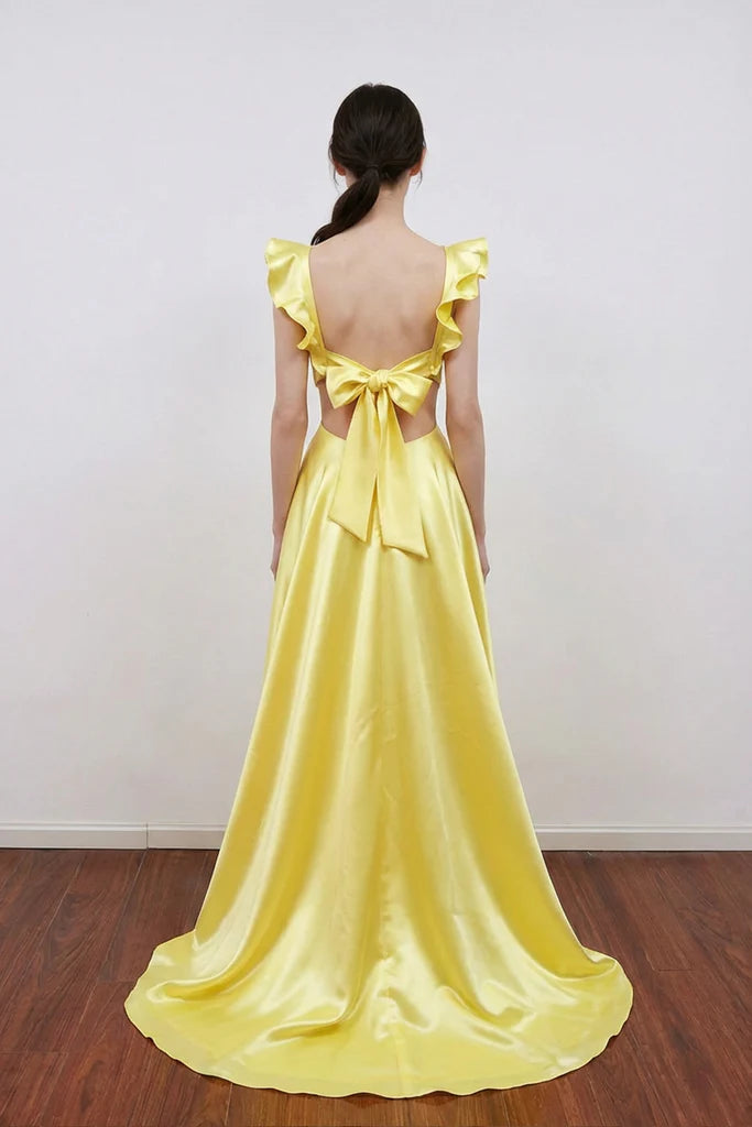 Yellow Satin Ruffle Prom Dresses Backless Bow Train Formal Evening Gown