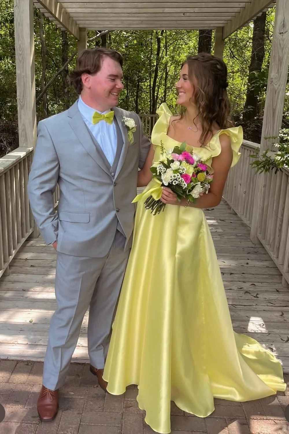 Yellow Satin Ruffle Prom Dresses Backless Bow Train Formal Evening Gown