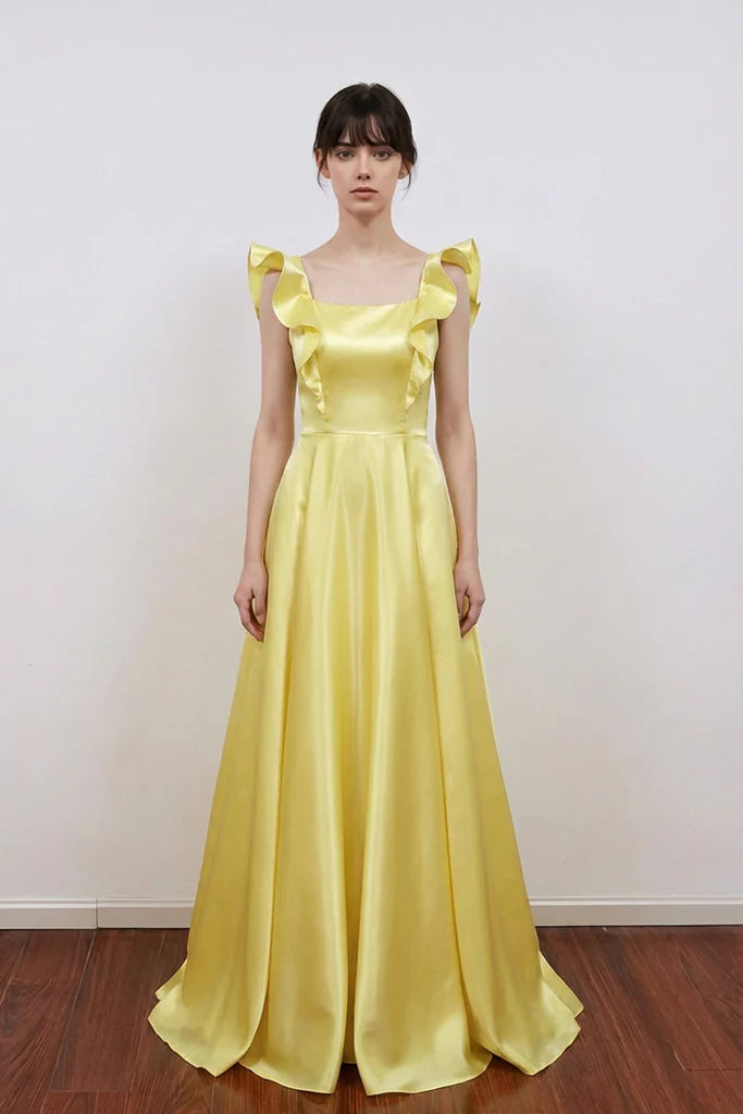 Yellow Satin Ruffle Prom Dresses Backless Bow Train Formal Evening Gown