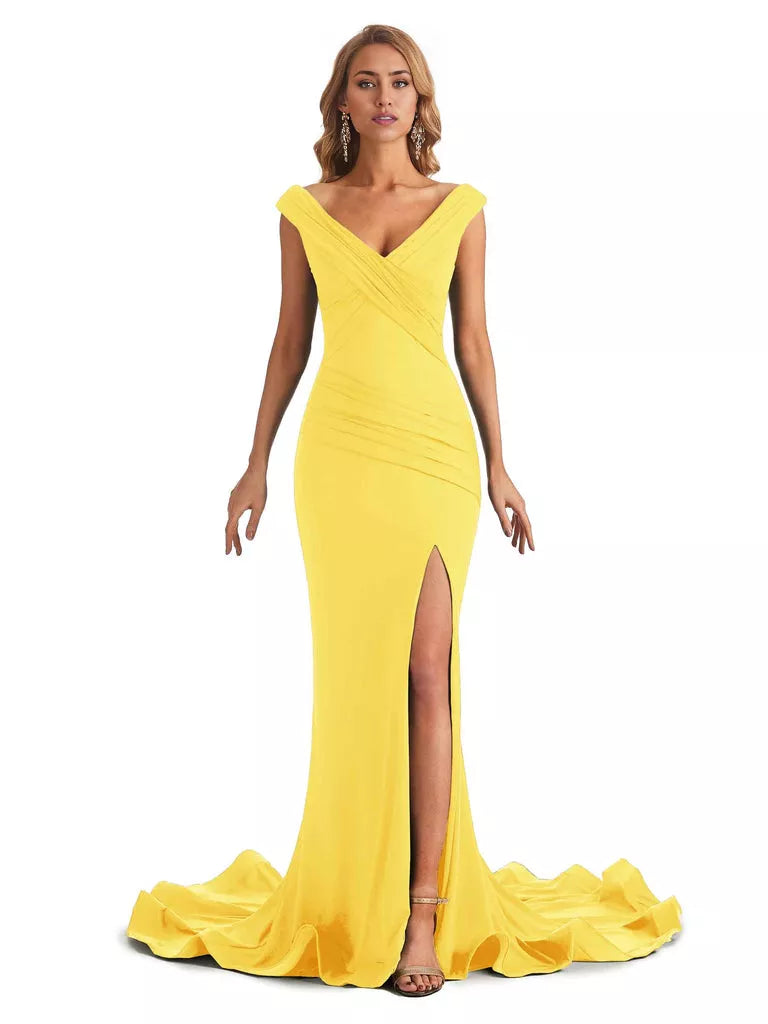 Vestido de dama de honor largo, formal, sin mangas, con escote en V y hombros descubiertos, de estilo sirena y sexy