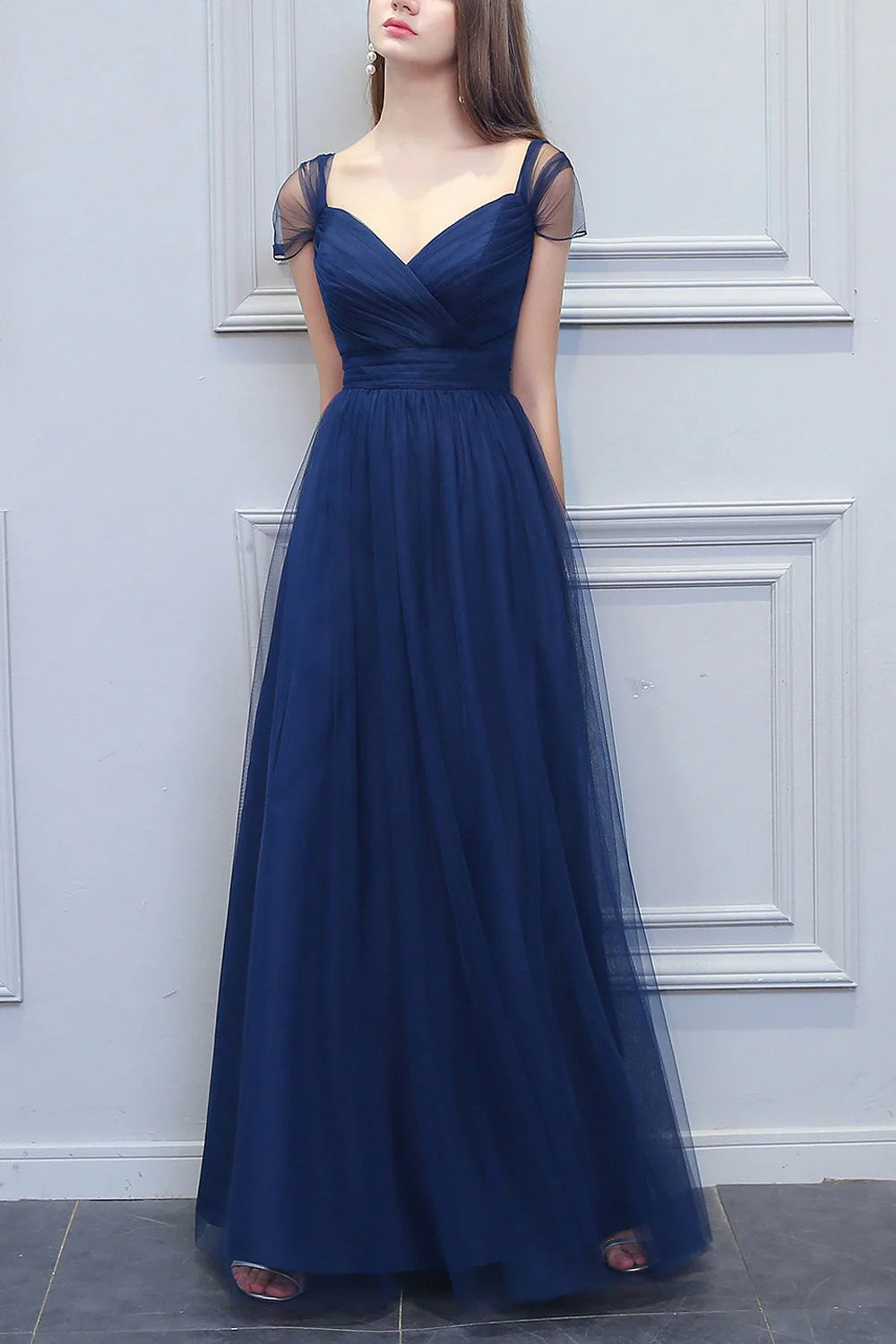 Dark Navy Tulle A-Line V-Neck Floor-Length Bridesmaid Gown