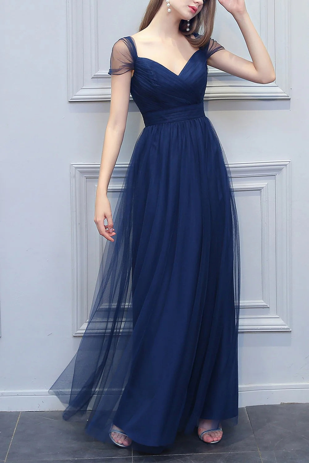 Dark Navy Tulle A-Line V-Neck Floor-Length Bridesmaid Gown