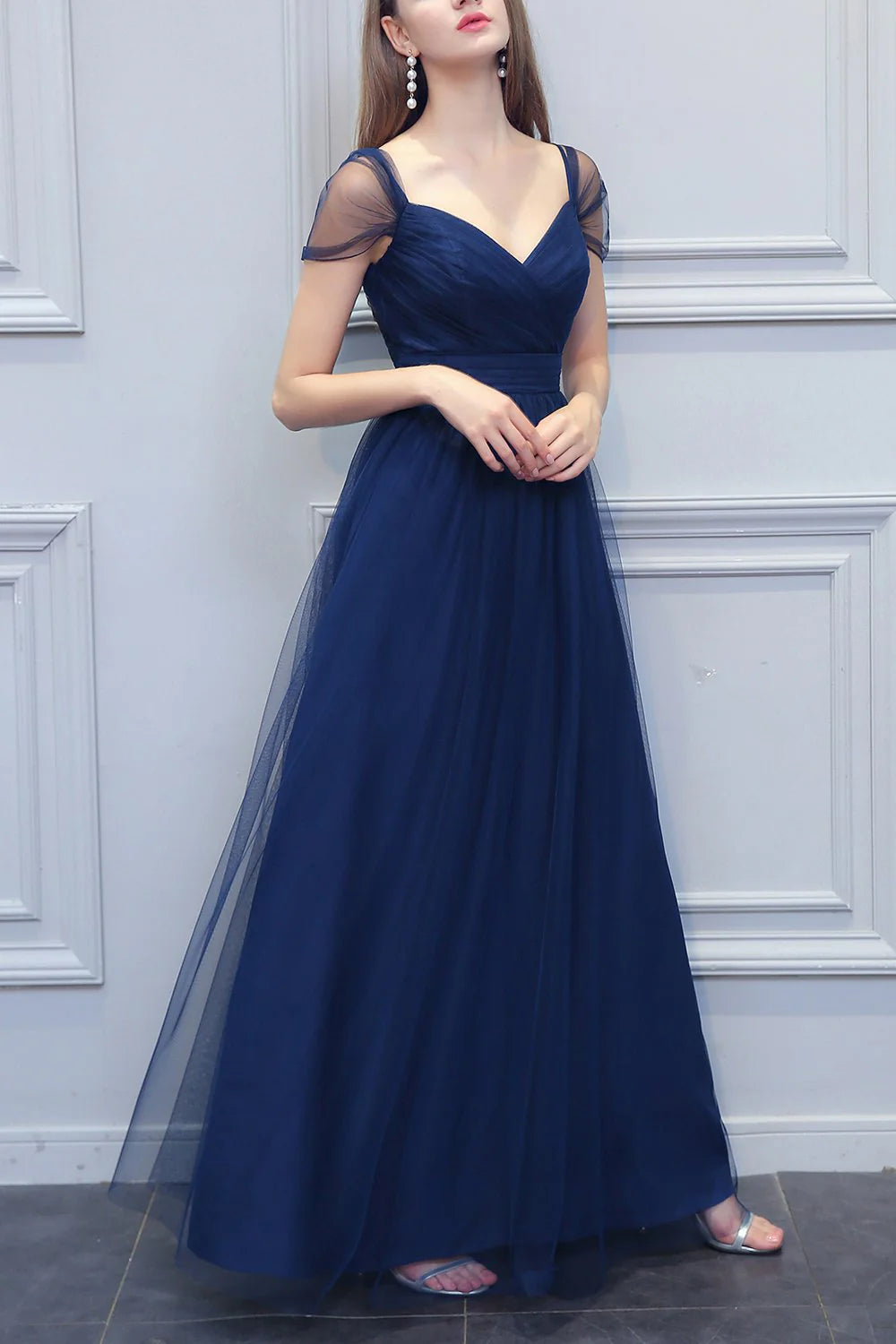 Dark Navy Tulle A-Line V-Neck Floor-Length Bridesmaid Gown