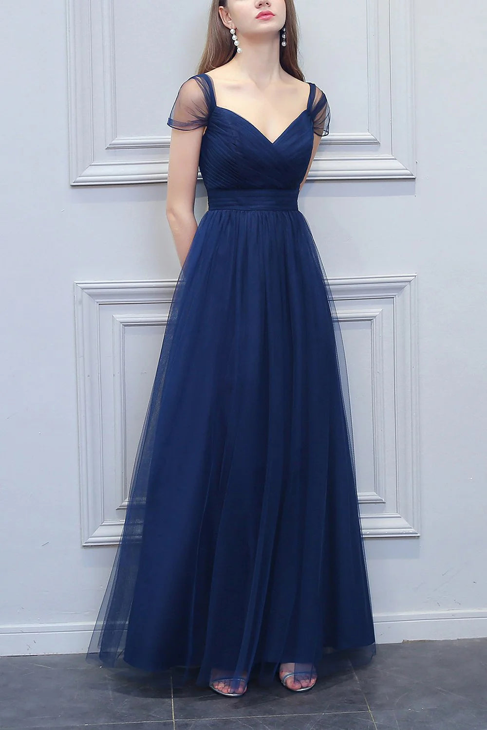 Dark Navy Tulle A-Line V-Neck Floor-Length Bridesmaid Gown